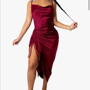 Burgundy Satin Drawstring Cowl Neck Midi Dress